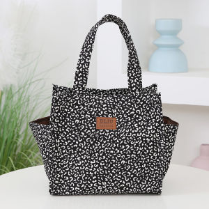 New Retro Leopard Print Large Capacity Lunch Tote Bag with Storage Pouch Commuter Work Handbag Portable Meal Bag