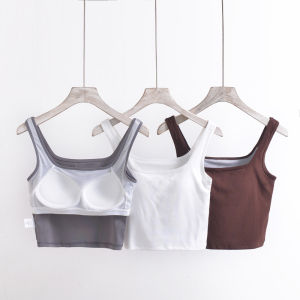 Pure Cotton Ladies Sports Yoga Top Wireless U-Neck Base Shirt Belly-Baring Vest Outerwear One-Piece Knitted Summer Wear