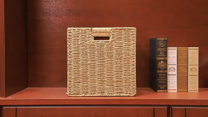 OutibgSG-Foldable Faux-Rattan Storage Basket – Minimalist Organizer for Laundry Underwear Toys Snacks Woven Storage Bin