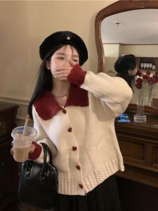 Chic Sweetened Sweater Coat Korean Style Long Sleeve Polo Collar Loose Fit Autumn Winter Womens Fashion Miniature Doll Collar