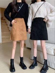 High-Waist Deer Velvet Semi-Skirt for Women Mid-Length A-Line With Pocket Easy Matching Polyester Fiber Three-Dimensional Decoration