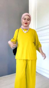 Atachi Setelan Rib Knit Rajut Wanita Lengan 7/8 Celana Panjang Baju Atasan Setelan Wanita Dewasa Polos Jumbo