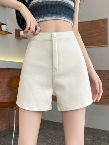 Elastic Denim Shorts Womens Summer High Waist Slimming Mid-Length White Straight Tube Pants Cotton Stretch Denim Light Wash