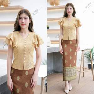 เสื้อลูกไม้อัดผ้ากาว แต่งแขนระบาย 2 ชั้น(เฉพาะเสื้อ)