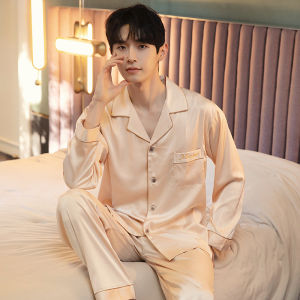 New Arrival Men Pajamas Spring and Autumn Ice Silk Thin Long Sleeves Pants Summer Two-Piece Set Clothing Fancy Homewear Plus Size