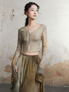 ONMOON Autumn Thin Plant Print Long Sleeve Ruffle T-Shirt 2024 Slim Short Sleeve Crew Neck Base Shirt Womens Fashion Top