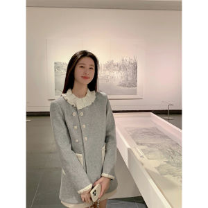 เสื้อโค้ทขนสัตว์คอตั้งยาวปานกลางสำหรับผู้หญิงในฤดูหนาว สีบล็อก กระดุมคู่ ปกใบบัว ทรงเข้ารูป แขนยาว เสื้อโค้ทขนสัตว์