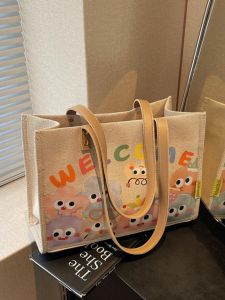 Cute Cartoon Canvas Tote Bag Womens Large Capacity Single Shoulder Bag Casual Versatile Commuting Handbag Youth Fashion