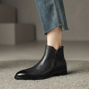 รองเท้าบูทสั้นรองเท้าบูทผู้หญิงรองเท้าแบบหนังชั้นเดียวสำหรับฤดูใบไม้ผลิและฤดูใบไม้ร่วงรองเท้าบูทหุ้มข้อหนังวัวหัวกลมส้นหนาสูงปานกลางมีซิปด้านข้างไซส์ใหญ่40ไซส์ใหญ่41