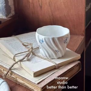 Maanw French Style Blue Floral Handheld Ceramic Coffee Cup Water Cup Dessert Plate Incense Candle Tray Vintage Aesthetic