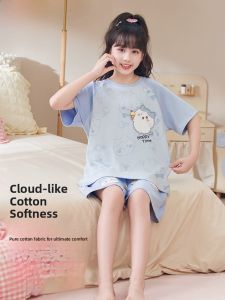 Miiow | Pure Cotton Summer Thin Cat Girl Pajamas Set Childrens Home Clothes Short Sleeve Round Neck Breathable Comfortable Air Conditioner Suit