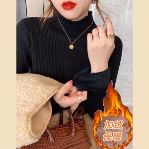 Half Turtleneck Single-Layer Fleece-Lined Bottoming Shirt Womens Inner Wear Fall and Winter New Arrival Velvet Thickening Sweater Western Style Stringy Selvedge Knitwear