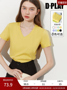 Áo Thun Cotton Lụa Cổ Chữ V Màu Vàng Dplay Dành Cho Nữ Mùa Hè 2023 Áo Thun Cotton Nguyên Chất Thoải Mái Thoáng Khí Mặc Thường Ngày