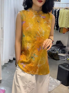 QINGNAER | Mandarin Collar Vest Retro Brocade Sleeveless Top