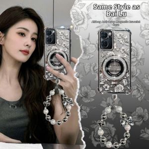 Luxurious Fashion Phone Case for Oppo Reno7 pro Women Magnetic Absorption Four Corners Anti-Fall with Bracelet Silicone Material