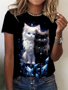 Womens Tee - White & Black Crystal Cats Graphic Mystical Glowing Feline Design for Casual Daily Wear