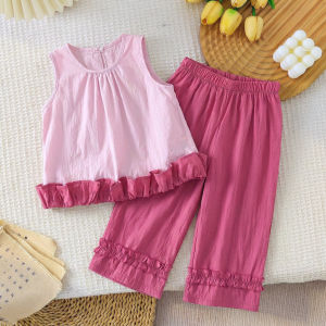 Melario | Rose Red Casual Suit for Girls Aged 3-7 Color Blocked Pleated Vest+lace Wide Leg Pants Two-piece Set for Summer Korean Version