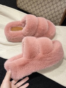 Elevated Heel Fur Slippers Womens Outdoor Spring Fashion Plush Office Indoor Home Cotton Slippers Thick Bottom Platform Sandals