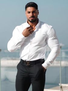 Fitness Silm Shirt Muscle Mens Business Elastic Waist-Tightening Long Sleeve Formal Wear Non-Ironing Thin Shirt Hard Han Style Shirt