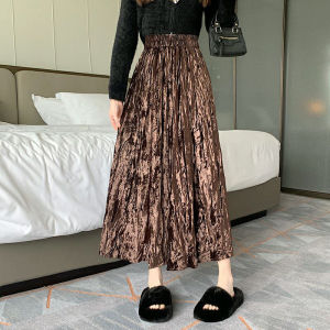 Gold Velvet Pleated High Waist Half Body Skirt Womens Autumn Winter Loose Fit Slimming Hip Covering A-Line Umbrella Long Skirt