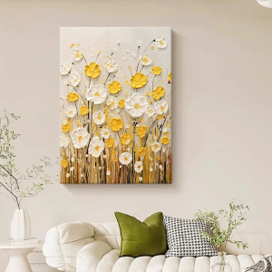 Dafen Village Handmade Painting Cream Style Abstract Yellow Florals Texture Sense Living Room Decorative Painting Restaurant Hallway Hanging Painting