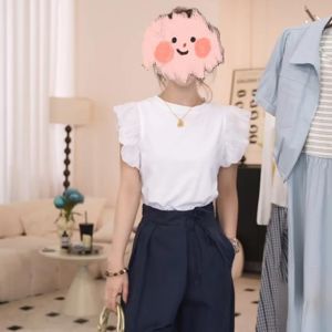 Shalldoer | Áo thun tay ngắn ren hở lưng thanh lịch mùa hè mới cho nữ Áo thun dáng rộng cổ tròn màu trơn phong cách thường ngày