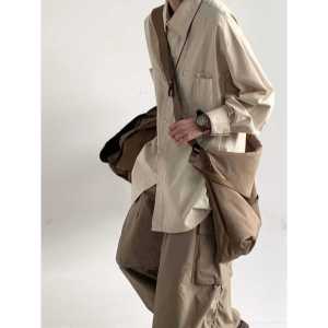 Retro Japanese Style Mens Casual Set Multi-Pocket Workwear Vest Loose Casual Outerwear Trendy Long Sleeve Summer Suit