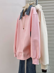 MANMI | Áo Hoodie Polo Cổ Đính Khuy Denim Thêu Hoa Văn Phong Cách Hàn Quốc Màu Hồng