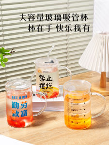 Lidded Drinking Glass Cup with Handle and Straw