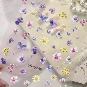 1Sheet 5D Purple Pansy Yellow Daisy Nail Art Stickers Spring Floral Self-Adhesive Nails Decals Colorful Blossom Manicure Sliders
