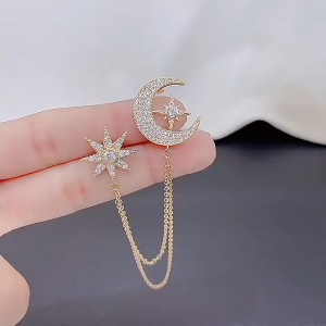 Lapel Pin Rantai Moon & Bintang Bros Jas Pria Korea Fashion dengan Kristal Mewah