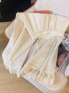 Retro Style Lace Trim Cotton Linen Wide Leg Pants Women Summer Elastic Waist Large Size Loose Casual Thin Nine Points Skirt