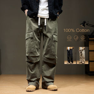 Baggy Wide-leg Cargo Pants Mens 100% Cotton Multi-pocket Splicing Outdoor Loose Straight Autumn Trousers Fashion Streetwear