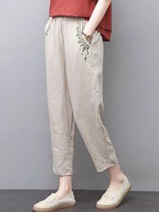 Summer Thin Cotton Linen Casual Pants Women Loose Versatile Embroidered Harlan Vintage Cabbage Straight Nine Points Pants