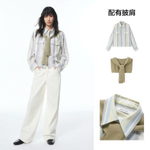 PEACEBIRD Princess Style Removable Shoulder Princess Shirt Striped Design Salted Milk Green Color Polyester Fiber Long Sleeve