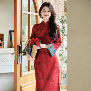 Elegant Red Chinese Style Qipao Wedding Dress for Women Autumn Winter Bridal Party Evening Gown Low Slit Long Sleeve Dress