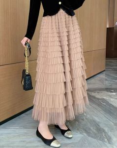 Khaki Tiered-Ruffle Long Dress Ruffles Gauze Skirt Fairy Temperamental Skirt 2024 Slim Looking High Waist Type a Tulle Skirt