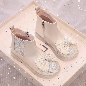 Genuine Leather Princess Boots for Girls Autumn Winter Martin Boots Baby Girls Short Boots Butterfly Knot Slip-On Shoes