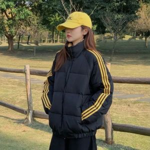 plus Size Casual Loose Cotton Jacket Warm Bread Style Stand Collar American Color Block Design Trendy Commute Geometry Fairy