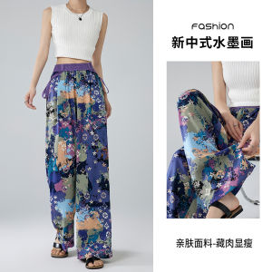 High Waist Floor-Length Womens Pants Chinese Style Water-Media Painting Wide Leg Pants Straight Fit Summer 2025 Casual Pants