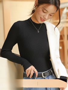 miiow | Womens Black Knitted Half High Collar Wool Sweater Base Shirt Round Neck Warm Inner Wear Casual Style Winter Long Sleeve Top