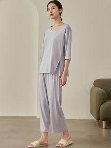 Bộ Đồ Ngủ Lụa Mỏng Mùa Hè Cho Nữ Tay Lửng Quần Dài Áo Chui Đầu Cổ Tròn Mặc Ở Nhà Mặc Ngoài Trời Vải Polyester Mùa Xuân Hè