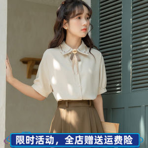 Sweet College Style Embroidered Short Sleeve Shirt for Women Summer New Arrival Fresh and Artistic with Bow Details