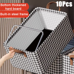 10pcs Foldable Clothes Storage Box Houndstooth Steel Frame Trouser Storage Box High Capacity Washable Clothing Storage Boxes Drawer-Type Multi-Functional Dormitory Clothing Storage Box