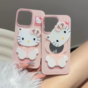 3D เคสศัพท์ลายแมวกระจกสีชมพูสำหรับ iPhone 11 12 13 14 15 16 Pro Max เคสป้องกันการตก ผงกลิตเตอร์ ปกแข็งสำหรับ iPhone 16 Pro Max