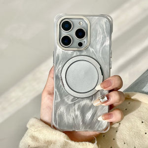 เคสโทรศัพท์แบบหุ้มหินพร้อมขาตั้งดูดซับแม่เหล็กแบบหุ้มหินแบบท่อสี่เหลี่ยมพร้อมช่องสี่เหลี่ยมสำหรับ Apple 16 เงิน ลายนก ป้องกันการตกหล่น