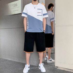 ROMON | ชุดกีฬาลำลองผ้าไหมน้ำแข็งสำหรับผู้ชาย Romon ฤดูร้อน 2024 ชุดเสื้อยืดแขนสั้นผ้าฝ้ายแท้บาง 2 ชิ้น เสื้อผ้าผู้ชายทันสมัย ​​ไม่ต้องรีด