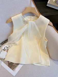 Zun Di Is So Beautiful ~ Classic Style White Sleeveless Tops Womens Stylish Summer Fancy Pearl Ribbon Vest