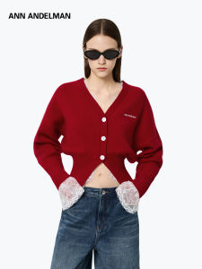 ANN ANDELMAN | Red New Year Series Lace Trim Knitted Cardigan