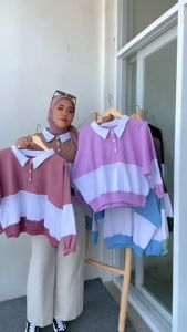SWEATER KERAH POLO RIB / SWEATER KERAH WANITA POLLO RIB OVERSIZE TWO TONE OOTD FASHION KOREAN STYLE
